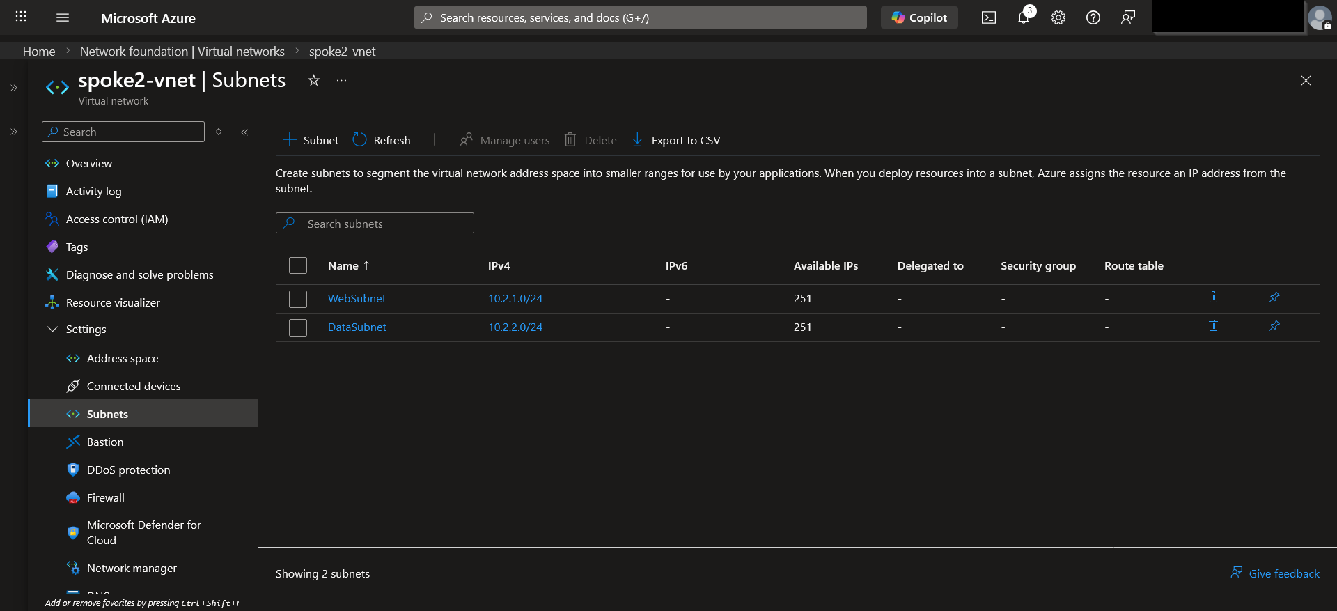 Subnet layout for spoke2‑vnet hosting the data tier.